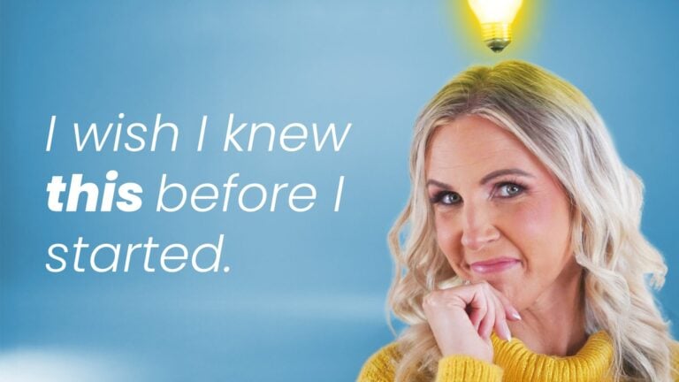 Stacy Tuschl with blonde hair in a yellow sweater smiles thoughtfully with a glowing lightbulb above her head. Text on the left reads, I wish I knew this before I started. The background is light blue.
