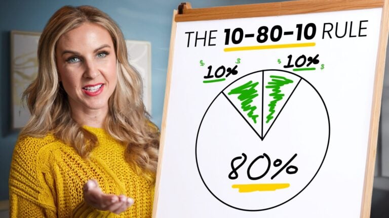 Stacy Tuschl in a yellow sweater gestures toward a whiteboard showing the 10-80-10 Rule with a pie chart: two 10% sections and one large 80% section, all labeled and highlighted in green and yellow.