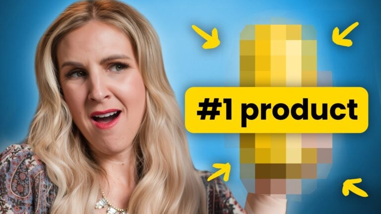 Stacy Tuschl looks surprised with long blonde hair looks at a pixelated yellow object in her hand. Yellow arrows and a bold sign read “#1 product” against a blue background.