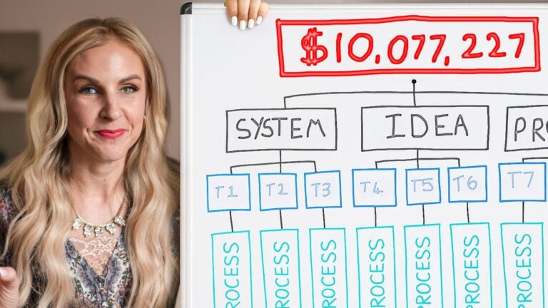 Stacy Tuschl next to a whiteboard displaying a flowchart labeled with “$10,077,227” at the top and categories including “System,” “Idea,” and “Process.” She is smiling and holding the board.