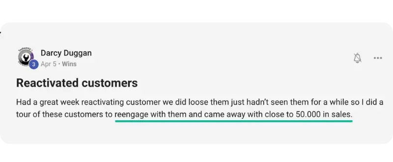Screenshot of a social media post by Darcy Duggan about reactivating customers, sharing how reconnecting with past clients through Well-Oiled Operations® Programs led to nearly $50,000 in sales.