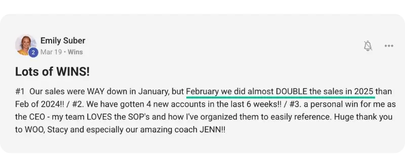 A social media post by Emily Suber celebrates making double sales in February 2025 vs sales in February 2024 with a shout-out to WOO and coach Jenn.