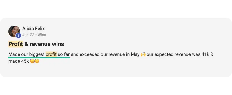 A social media post by Alicia Felix celebrates making their biggest profit yet with Well-Oiled Operations® Programs, exceeding May revenue goals and earning 45k instead of the anticipated 41k. The post is filled with celebratory emojis.