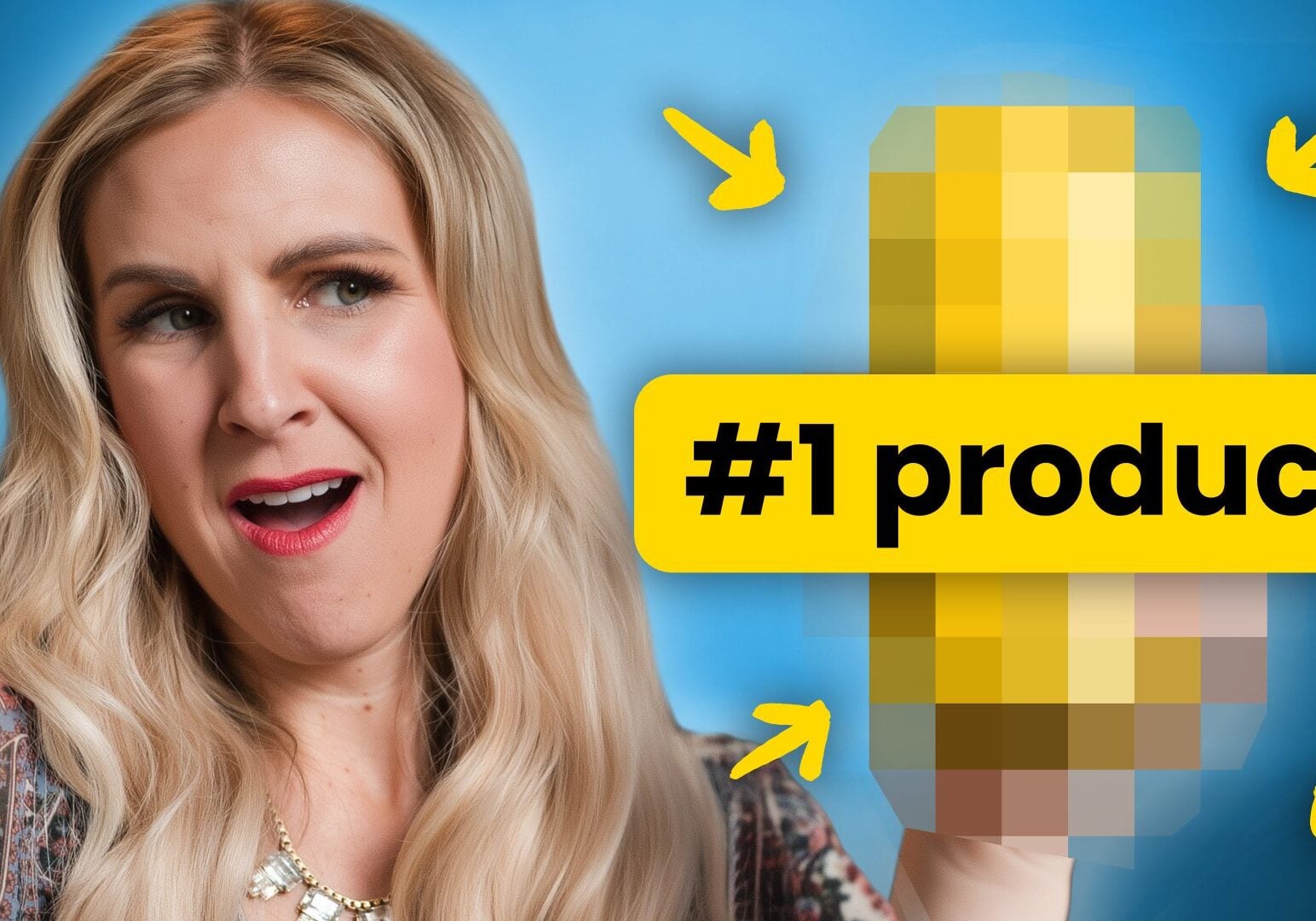 Stacy Tuschl looks surprised with long blonde hair looks at a pixelated yellow object in her hand. Yellow arrows and a bold sign read “#1 product” against a blue background.
