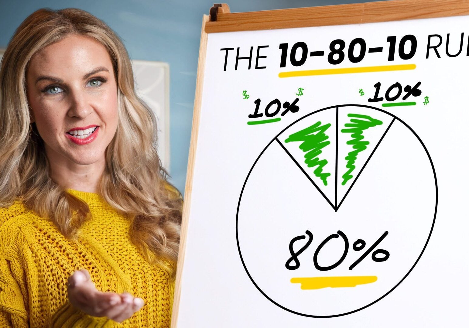 Stacy Tuschl in a yellow sweater gestures toward a whiteboard showing the 10-80-10 Rule with a pie chart: two 10% sections and one large 80% section, all labeled and highlighted in green and yellow.